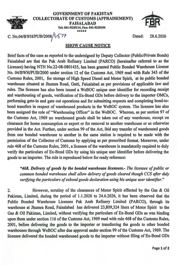 Customs Issues Show-Cause Notice to PARCO Over Alleged Illegal Supply of 23.8 Million Litres of Petrol